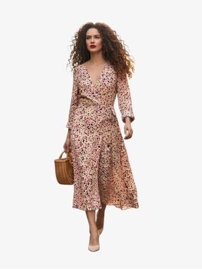 H&M Pink Floral Blossom Long Sleeve Wrap Midi Dress Size S